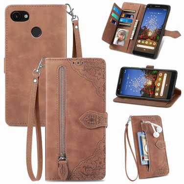 Furiet Compatible with Google Pixel 3a Wallet Case with Wrist Strap Lanyard and Leather Flip Card Holder Stand Cell Accessories Folio Purse Credit ID Phone Cover for Pixel3a Pixle a3 Women Men Brown