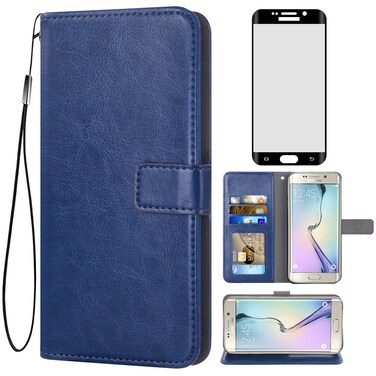 Asuwish Compatible with Samsung Galaxy S6 Edge Plus Wallet Case Tempered Glass Screen Protector and Flip Cover Card Holder Stand Accessories Phone Cases for Glaxay S6edge + S 6edge 6s 6 Edge+ Blue