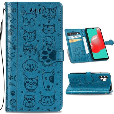 CCSmall Samsung Galaxy A32 4G(Not 5G) Cartoon Girl Wallet Case, Cat Dog Style Flip Phone Cover with ID Card Holder &amp; Kickstand PU Leather Magnetic Clasp Cases for Samsung Galaxy A32 4G MG Blue