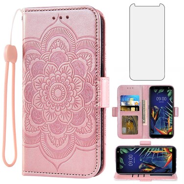 Compatible with LG K40/K12 Plus/X4 2019/Solo LTE/Xpression Plus 2/Harmony 3 Wallet Phone Case and Tempered Glass Screen Protector Flip Cover Card Holder Cell for LGK40 K 40 40K L423DL LMX420 Rose Gold