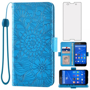 Asuwish Compatible with Sony Xperia Z3 Wallet Case and Tempered Glass Screen Protector Card Holder Stand Magnetic Leather Flip Cell Accessories Phone Cover for Experia 3Z D6603 Women Men Blue