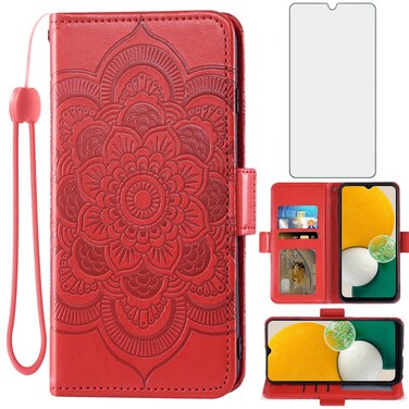 Asuwish Compatible with Samsung Galaxy A13 5G Wallet Case and Tempered Glass Screen Protector Leather Flip Credit Card Holder Stand Cell Phone Cover for Gaxaly A13 G5 Galaxies 13A SM A136U Women Red