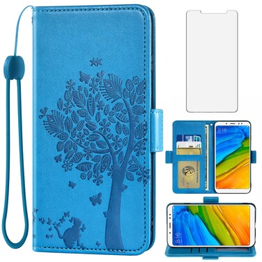 Asuwish Compatible with Xiaomi Redmi Note 5/Note5 Pro Wallet Case and Tempered Glass Screen Protector Flip Purse Wrist Strap Credit Card Holder Stand Cell Phone Cover for Redme Note5pro Women Men Blue