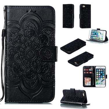 EYZUTAK Mandala Case for iPhone 7 Plus iPhone 8 Plus, Premium Leather Flip Wallet Card Slots Magnetic Stand Protective Ultra Slim Case with Lanyard, Embossed Flip Cover-Black