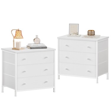 BOLUO White Nightstands Set of 2, Large Night Stand Fabric 3 Drawer Dresser for Bedroom Closet,Girls Modern
