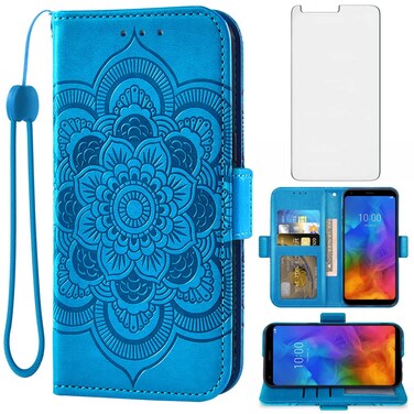 Asuwish Compatible with LG Q7 Q7+ Plus 7Q Alpha Wallet Case and Tempered Glass Screen Protector Leather Flip Cover Credit Card Holder Cell Accessories Phone Cases for LGQ7+ Q7plus Q7a Women Men Blue