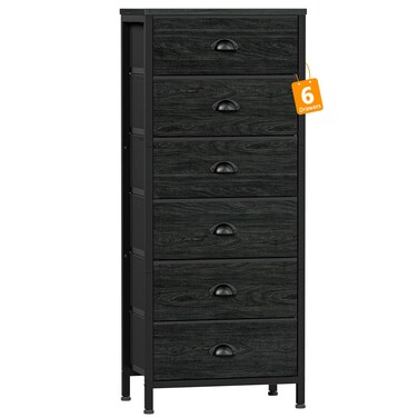 Furnulem Tall Dresser with 6 Drawers,Vertical Bedside End Table &amp; Chest for Bedroom,Black Storage Tower Dorm Nightstand with Fabric Drawer Organizer Unit Furniture in Living Room,Closet,Hallyway