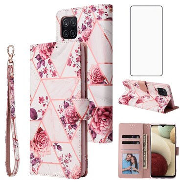Asuwish Compatible with Samsung Galaxy A12 Case and Tempered Glass Screen Protector Flip Card Holder Stand Kickstand Cell Accessories Phone Cases for Glaxay A 12 12A samsunga12case Women Men Pink