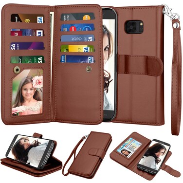 NJJEX for Galaxy S7 Edge Wallet Case/Samsung S7 Edge Case, Luxury PU Leather [9 Card Slots] ID Credit Folio Flip Cover [Detachable][Kickstand] Magnetic Wrist Strap Case for Galaxy S7 Edge [Brown]