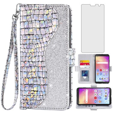 Asuwish Phone Case for Alcatel TCL A3 A509DL / A30 Wallet Cover with Screen Protector and Flip Credit Card Holder Bling Glitter Stand Cell TCLA3 TLC A 3 3A 509DL 30A 5102 5.5 inch Women Girls Silver