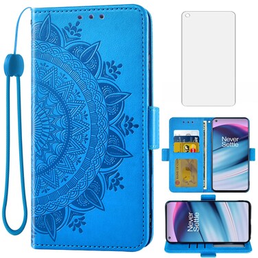 Asuwish Compatible with OnePlus Nord CE 5G Wallet Case and Tempered Glass Screen Protector Card Holder Flip Wrist Strap Cell Phone Cover for One Plus CE5G Euro 1 Plus 1plus One+ 1+ EC G5 Women Blue