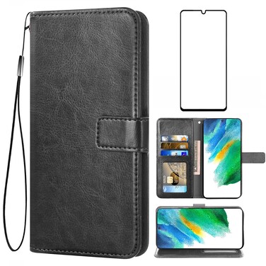 Asuwish Compatible with Samsung Galaxy S21 FE Gaxaly S 21 FE 5G Wallet Case Tempered Glass Screen Protector and Leather Flip Cover Card Holder Stand Phone Cases for Glaxay S21FE5G UW S21FE G5 Black
