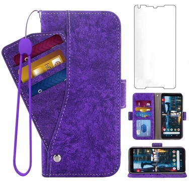 Asuwish Compatible with Google Pixel 2XL Wallet Case and Tempered Glass Screen Protector Card Holder Stand Kickstand Cell Accessories Leather Flip Phone Cases for Pixle 2 XL Pixel2XL Pixel2 LX Purple