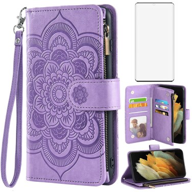 Asuwish Compatible with Samsung Galaxy S21 Ultra Glaxay S21ultra 5G Wallet Case and Tempered Glass Screen Protector Leather Flip Card Holder Cell Phone Cover for Gaxaly 21S S 21 21ultra G5 Men Purple