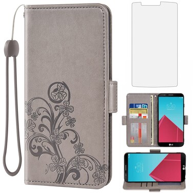 Asuwish Compatible with LG G4 Wallet Case and Tempered Glass Screen Protector Flip Purse Accessories Wrist Strap Credit Card Holder Stand Cell Rugged Leather Phone Cover for LGG4 LG4 4G Women Men Grey