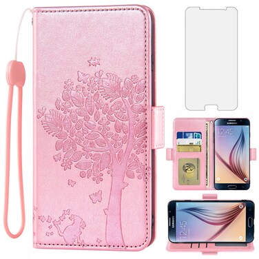 Asuwish Compatible with Samsung Galaxy S6 Wallet Case and Tempered Glass Screen Protector Flip Wrist Strap Card Holder Cell Phone Cover for Glaxay S 6 Gaxaly 6s Galaxies GS6 SM-G920V G920A Rose Gold