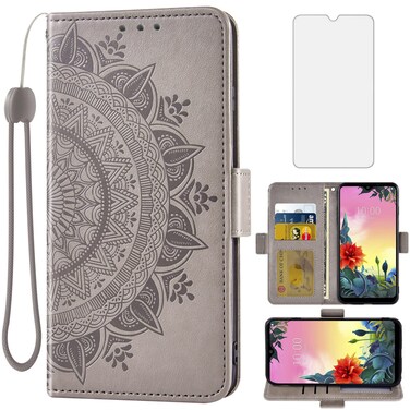 Asuwish Compatible with LG K50S Wallet Case Tempered Glass Screen Protector Credit Card Holder Flip Purse Accessories Wrist Strap Stand Folio Lanyard Cell Phone Cover for LGK50S Men Grey