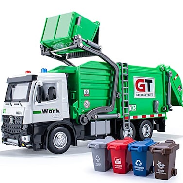 HAPYAD Garbage Truck Toys Metal Cab, Realistic Trash Truck Toys for Boys Kids with Lights and Sounds, Friction Powered Recycling Vehicles, Front Loader with Dumpster, 4 Trash Bins, 12