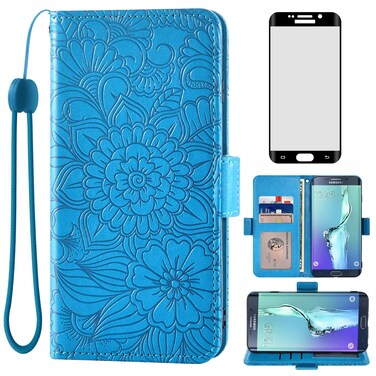 Compatible with Samsung Galaxy S6 Edge Plus Wallet Case Tempered Glass Screen Protector Card Holder Leather Flip Cell Accessories Phone Cover for Glaxay S6edge + S 6edge 6s 6 Edge+ Women Men Blue