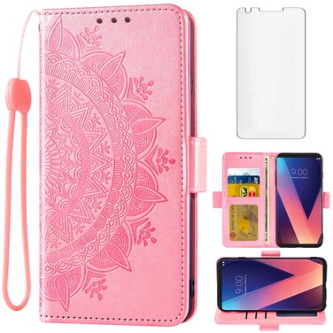 Asuwish Compatible with LG V35 ThinQ V30 Plus Wallet Case Tempered Glass Screen Protector Card Holder Flip Wrist Strap Cell Phone Cover for LGV30 LGV35 LG30 LG35 V 30 35 V30+ V30s H931 Rose Gold