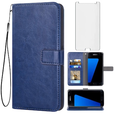 Asuwish Compatible with Samsung Galaxy S7 Wallet Case Tempered Glass Screen Protector and Flip Cover Card Holder Stand Cell Accessories Phone Cases for Glaxay S 7 7s GS7 SM-G930V G930A Women Men Blue