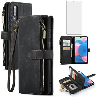 Asuwish Phone Case for Samsung Galaxy A50 A50S A30S Wallet Cover and Tempered Glass Screen Protector Flip Card Holder Stand Cell Accessories Glaxay A 50 50S 30S Gaxaly S50 50A SM A505G Women Men Black