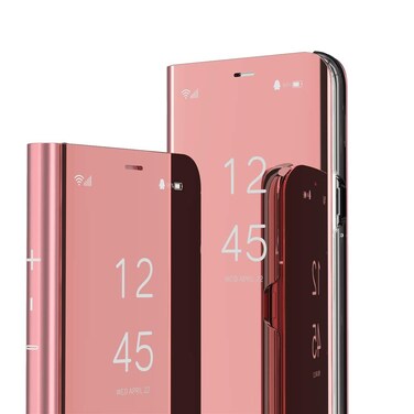 LEMAXELERS Compatible with iPhone 13 Case Slim Mirror Design Clear View Flip Bookstyle Ultra Slim Protecter Shell with Kickstand Protective Cover for iPhone 13 6.1" Mirror PU Rose Gold