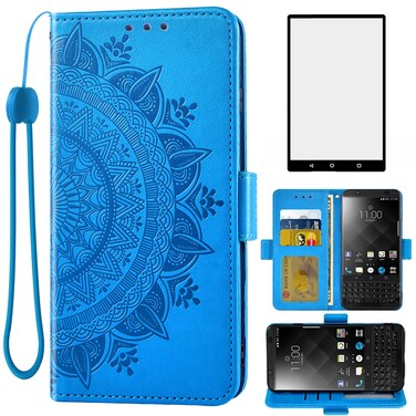 Asuwish Compatible with BlackBerry KEYone Wallet Case Tempered Glass Screen Protector Credit Card Holder Flip Purse Wrist Strap Stand Cell Phone Cover for KEY1 Key 1 One BBB100-1 Men Blue