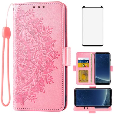 Asuwish Compatible with Samsung Galaxy S8 Wallet Case Tempered Glass Screen Protector Card Holder Flip Purse Wrist Strap Cell Phone Cover for Glaxay S 8 Gaxaly 8S Edge SM-G950U Rose Gold