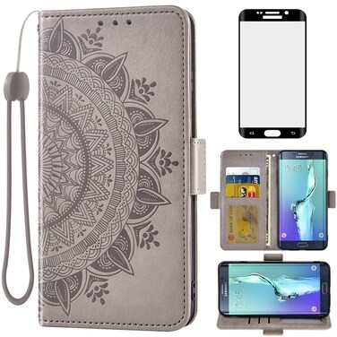 Asuwish Compatible with Samsung Galaxy S6 Edge Plus Wallet Case Tempered Glass Screen Protector Card Holder Flip Wrist Strap Cell Phone Cover for Glaxay S6edge + S 6edge 6s 6 Edge+ Men Grey