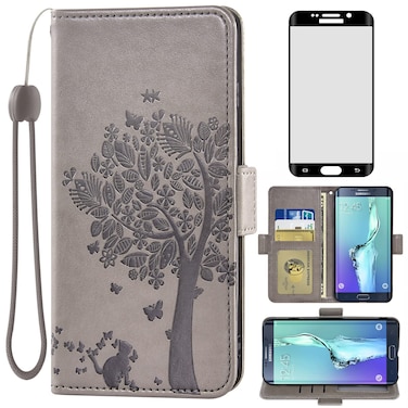 Asuwish Compatible with Samsung Galaxy S6 Edge Plus Wallet Case and Tempered Glass Screen Protector Flip Wrist Strap Card Holder Cell Phone Cover for Glaxay S6edge + S 6edge 6s 6 Edge+ Women Men Gray