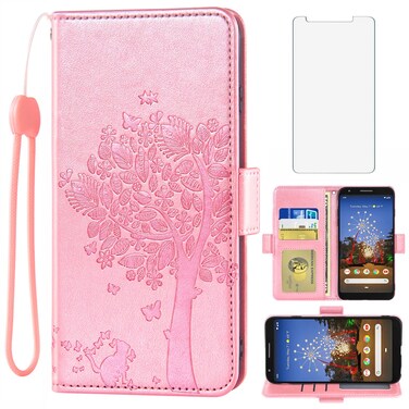 Asuwish Compatible with Google Pixel 3a Wallet Case and Tempered Glass Screen Protector Flip Purse Accessories Wrist Strap Credit Card Holder Cell Phone Cover for Pixel3a Pixle a3 Women Men Rose Gold