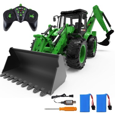 fisca Remote Control Front Loader RC Backhoe Excavator, 1/14 Scale 2.4Ghz RC Construction Vehicle 9 Channel Full Functional Toy with Sounds &amp; Lights for Kids Age 8 9 10 11 12 Year Old