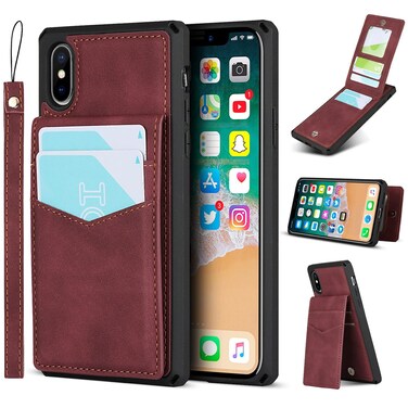 Cavor for iPhone Xs Max Case with Card Holder,Wallet Case with Credit Card Holders for iPhone Xs Max Phone Case,PU Leather Card Slots Cases[Kickstand][Wrist Strap] Shockproof Cover for Women Men- Red