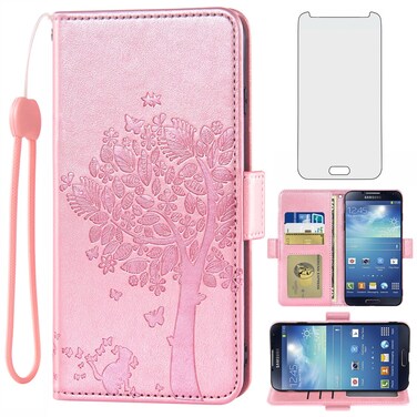 Asuwish Compatible with Samsung Galaxy S4 Wallet Case and Tempered Glass Screen Protector Flip Wrist Strap Card Holder Cell Phone Cover for Glaxay S 4 Gaxaly 4S Galaxies GS4 I9500 Women Men Rose Gold