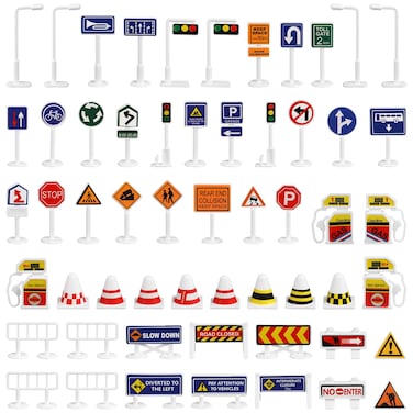 56Pcs Street Road Signs Playset Traffic Signs Playset Mini Electric Traffic Lights Toy Road Signs for Play(Mini Size)