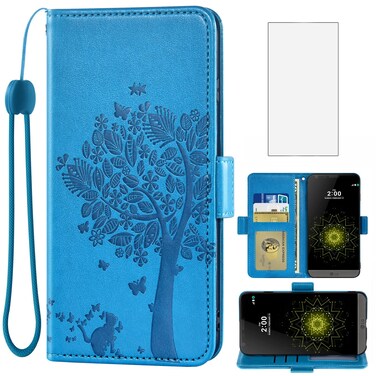 Asuwish Compatible with LG G5 Wallet Case and Tempered Glass Screen Protector Flip Purse Accessories Wrist Strap Credit Card Holder Stand Rugged Cell Phone Cover for LGG5 SE LG5 G 5 5G Women Blue