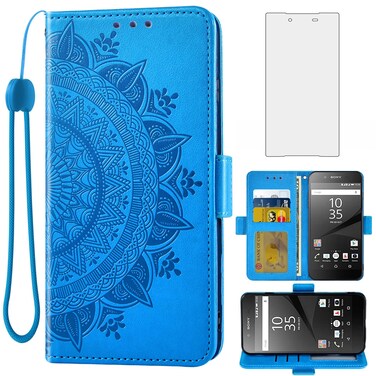 Asuwish Compatible with Sony Xperia Z5 Wallet Case and Tempered Glass Screen Protector Credit Card Holder Flip Purse Accessories Wrist Strap Stand Cell Phone Cover for Experia 5Z E6653 Women Men Blue