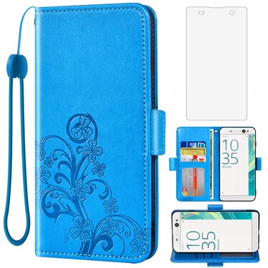 Asuwish Compatible with Sony Xperia XA Ultra Wallet Case and Tempered Glass Screen Protector Flip Purse Wrist Strap Credit Card Holder Stand Cell Phone Cover for Experia C6 F3213 F3216 Women Men Blue
