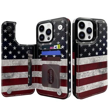 TopPerfekt Flip Leather Wallet Case Card Holder Compatible with iPhone 13 Pro Max 6.7" Women and Girls with Card Holder Kickstand Double Magnetic Clasp Old Flag Pattern