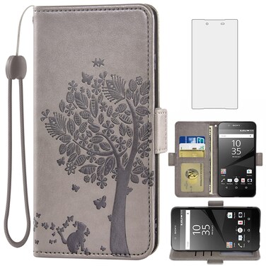 Asuwish Compatible with Sony Xperia Z5 Wallet Case and Tempered Glass Screen Protector Flip Purse Accessories Wrist Strap Credit Card Holder Stand Cell Phone Cover for Experia 5Z E6653 Women Men Gray