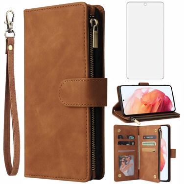 Asuwish Compatible with Samsung Galaxy S22 Plus Glaxay S22+ 5G Wallet Case Tempered Glass Screen Protector and Flip Cover Card Holder Cell Phone Cases for Gaxaly S22+5G S22plus 22S + S 22 22+ G5 Brown