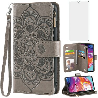 Asuwish Compatible with Samsung Galaxy A70 Wallet Case and Tempered Glass Screen Protector Flower Flip Card Holder Stand Cell Accessories Phone Cover for Glaxay A70S A 70 Gaxaly 70A S70 Women Men Grey