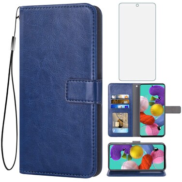Asuwish Compatible with Samsung Galaxy A71 5G Wallet Case Tempered Glass Screen Protector Leather Flip Card Holder Stand Cell Accessories Phone Cases for Glaxay A 71 G5 Gaxaly 71A S71 Women Men Blue