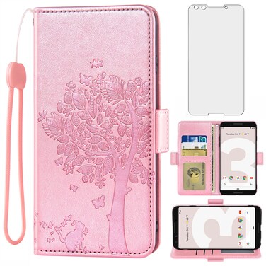 Asuwish Compatible with Google Pixel 3 Wallet Case and Tempered Glass Screen Protector Flip Accessories Wrist Strap Credit Card Holder Stand Cell Phone Cover for Pixel3 III Pixle 3case Women Rose Gold
