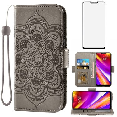 Compatible with LG G7 ThinQ Wallet Case and Tempered Glass Screen Protector Flip Cover Card Holder Cell Phone Cases for LGG7 One G 7 Plus LG7 Fit LG7ThinQ 7G Thin Q G7+ G7thinq LGG7thinq Women Gray