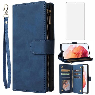 Asuwish Compatible with Samsung Galaxy S22 Glaxay S 22 5G Wallet Case Tempered Glass Screen Protector and Leather Flip Cover Card Holder Cell Accessories Phone Cases for Gaxaly 22S G5 Women Men Blue
