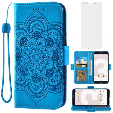 Asuwish Compatible with Google Pixel 3 Wallet Case and Tempered Glass Screen Protector Leather Flip Cover Credit Card Holder Cell Accessories Phone Cases for Pixel3 III Pixle 3case Women Men Blue