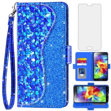 Asuwish Phone Case for Samsung Galaxy S5 Wallet Cover with Screen Protector and Wrist Strap Flip Card Holder Bling Glitter Cell Glaxay S 5 Neo Gaxaly 5S Galaxies GS5 G900A G900T Women Girls Blue