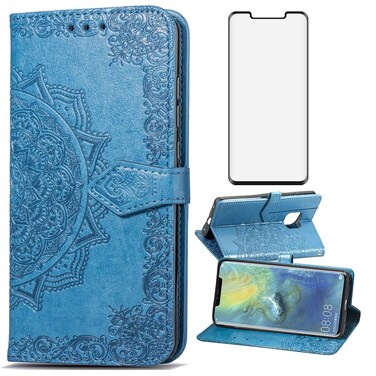 Asuwish Compatible with Huawei Mate 20 Pro Wallet Case Tempered Glass Screen Protector and Flip Cover Card Holder Stand Cell Accessories Phone Cases for Hawaii Mate20Pro Mate20 20Pro Women Men Blue